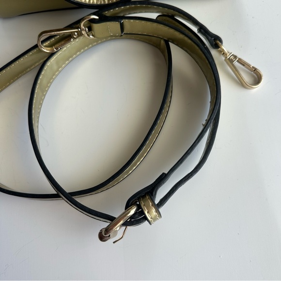 Vintage Faux Leather Patent Small Satchel Handbag w/ Crossbody Strap in Gold - Picture 6 of 11